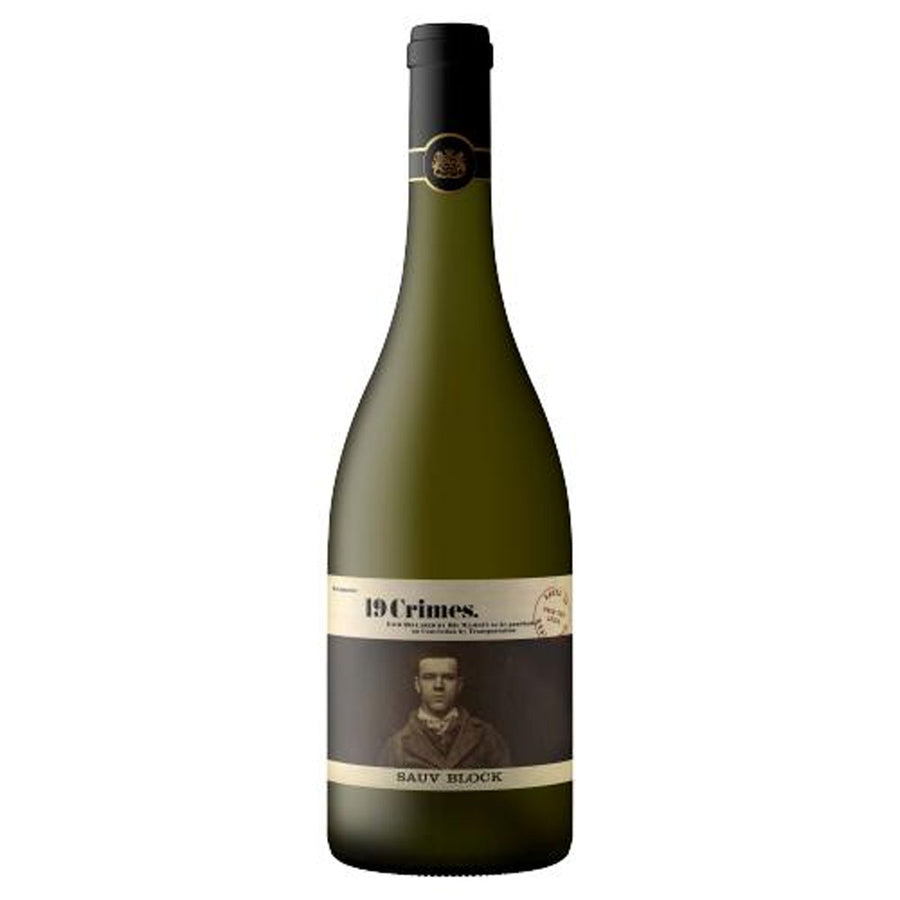 A 19 Crimes - Sauv Block Wine (12% ABV)- 750ml with a picture of a man.