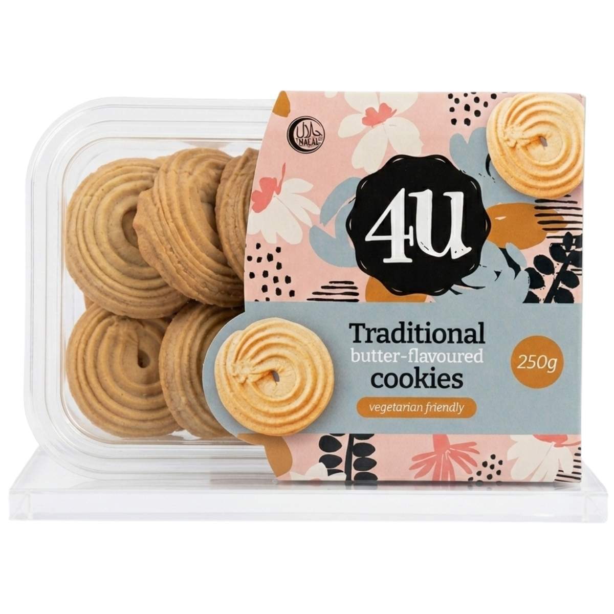 Pack of traditional butter-flavored cookies 250g with floral packaging on a white background