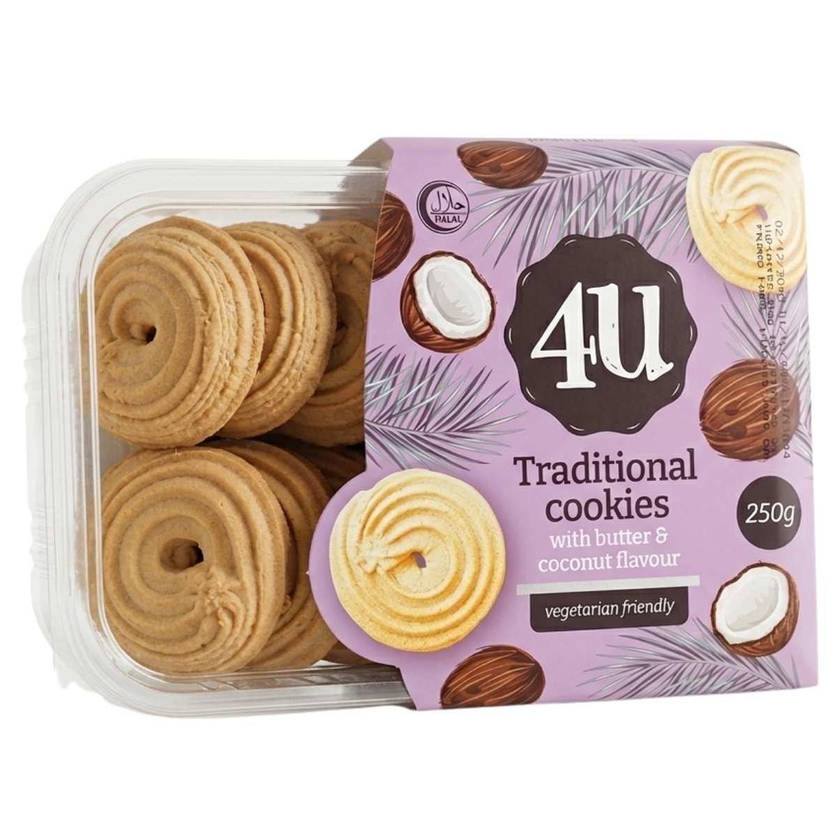 Pack of traditional cookies 250g with a purple packaging label on a white background