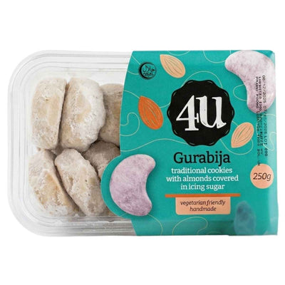 Packaged 250g Gurabija traditional cookies with almonds covered in icing sugar, displayed on a white background.