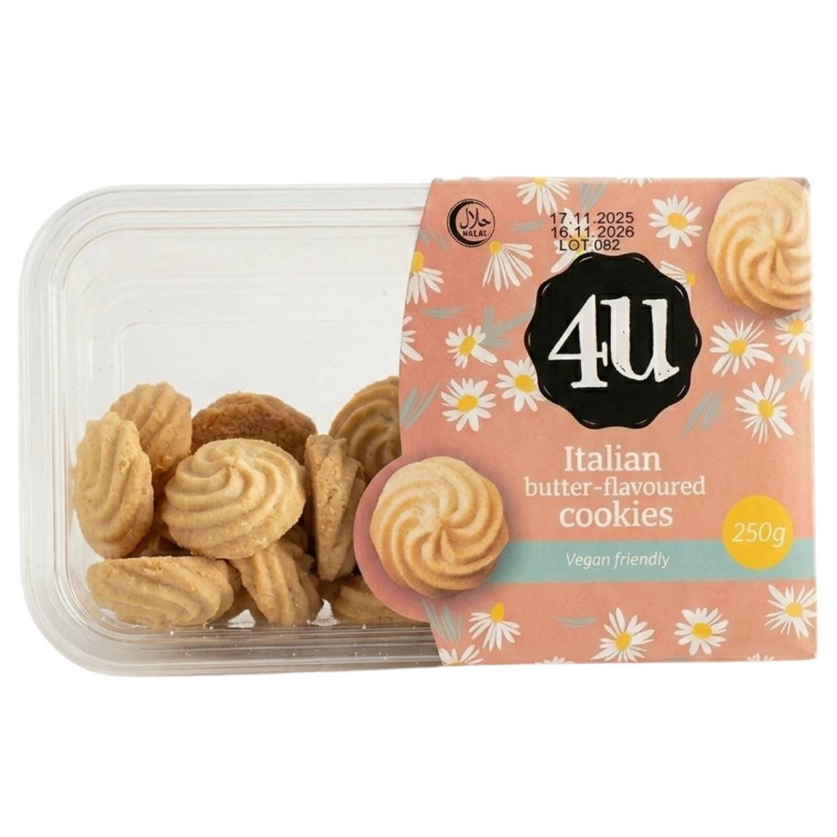 Packaged Italian 250g butter-flavored cookies on a white background