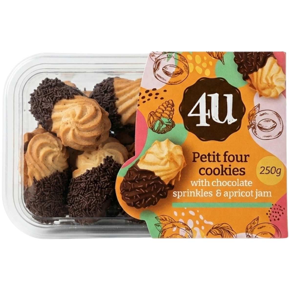 Packaged 250g Petit four cookies with chocolate sprinkles and apricot jam, featuring the brand '4U'.