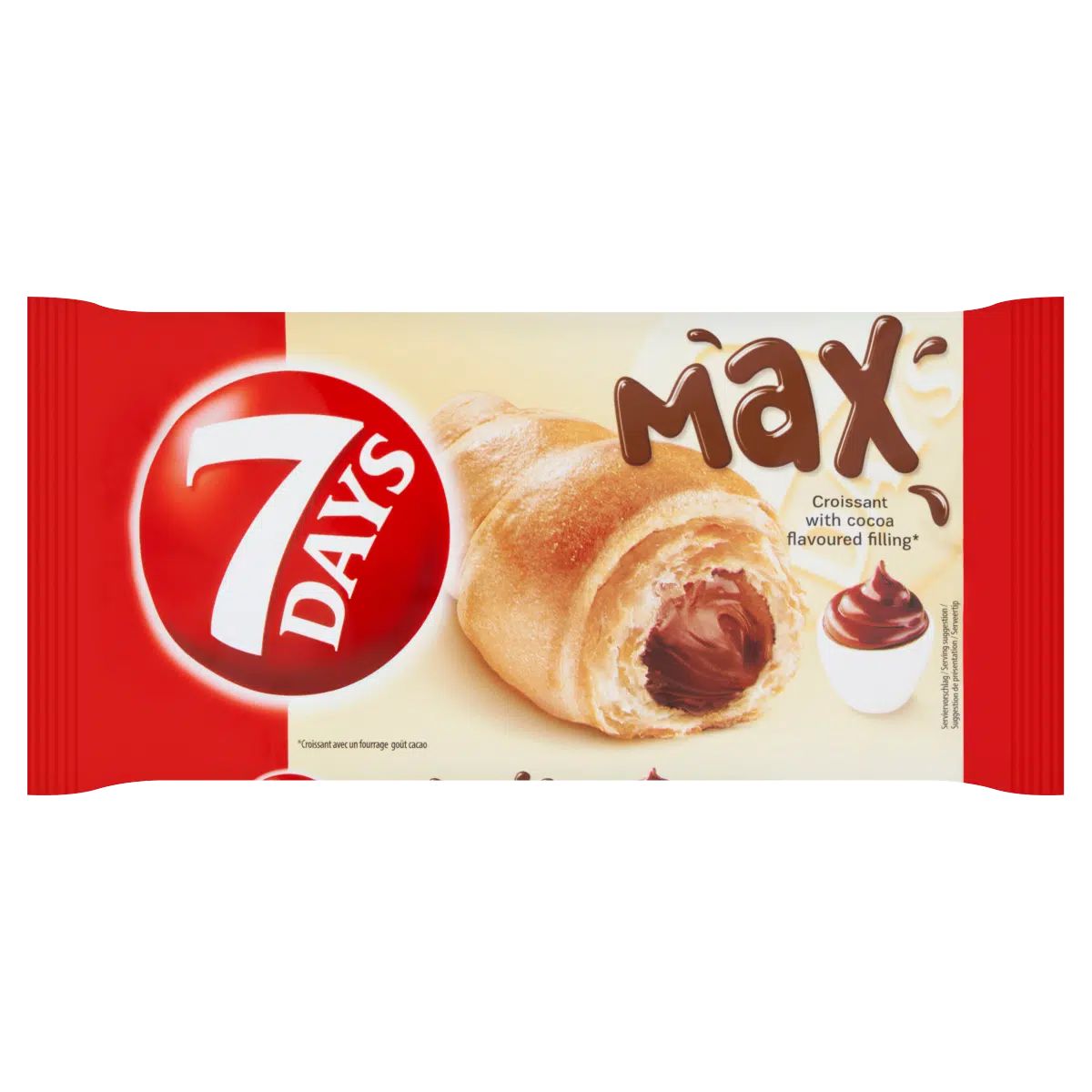 The eye-catching red packaging of the 7Days - Max Croissant with Cocoa Flavoured Filling- 80g features a flaky croissant filled with a luscious cocoa-flavored filling, highlighted by an enticing image of a bowl of cocoa cream.