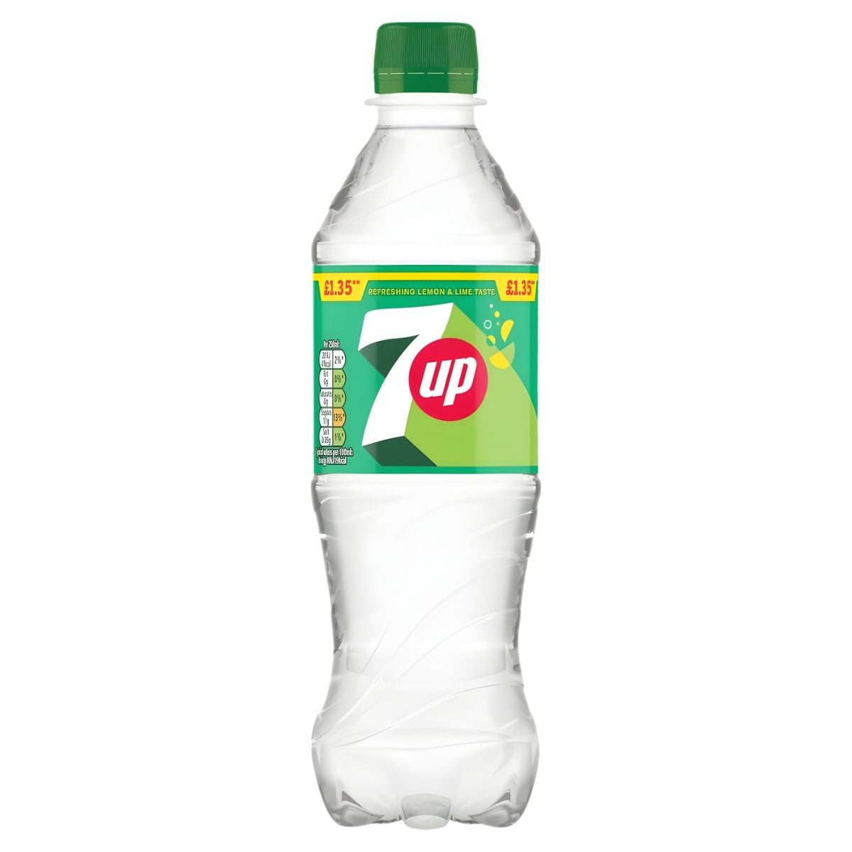 A 500ml clear plastic bottle of 7Up lemon and lime soft drink with a green cap and label, featuring the 7Up logo. Price: £1.35.