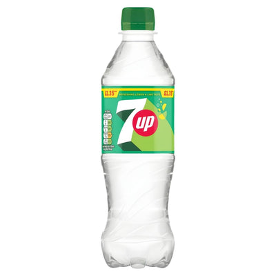 A 500ml clear plastic bottle of 7Up lemon and lime soft drink with a green cap and label, featuring the 7Up logo. Price: £1.35.