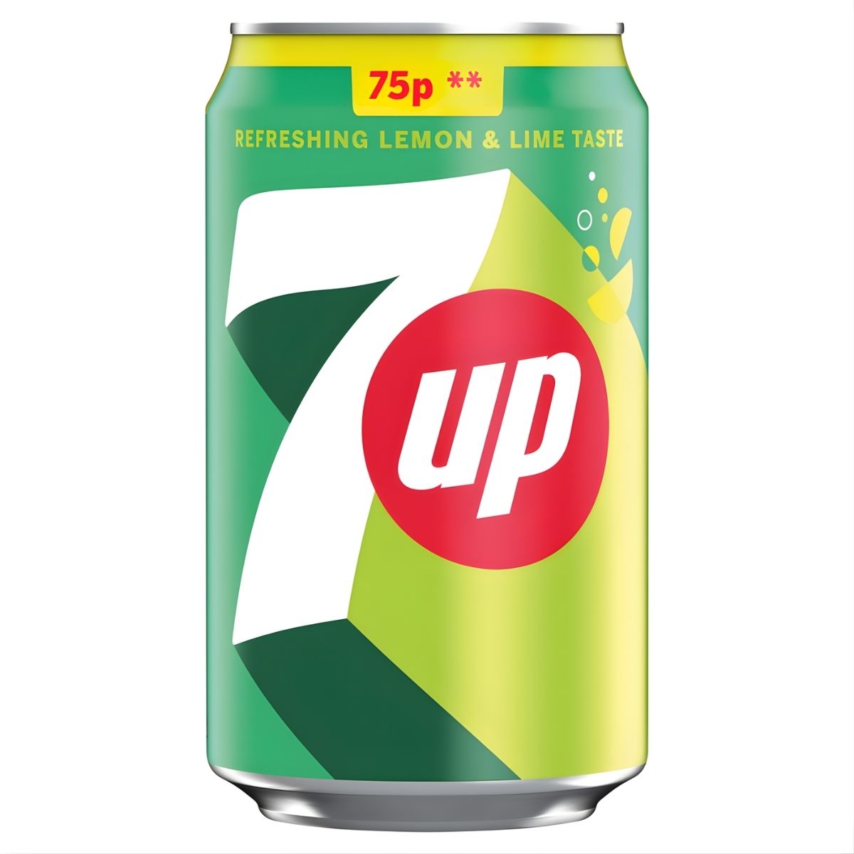 A 330ml can of 7Up Regular, featuring green and yellow colors with the 7up logo and fruit graphics, displays a “75p” price label at the top.