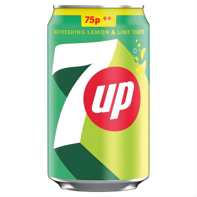 A 330ml can of 7Up Regular, featuring green and yellow colors with the 7up logo and fruit graphics, displays a “75p” price label at the top.