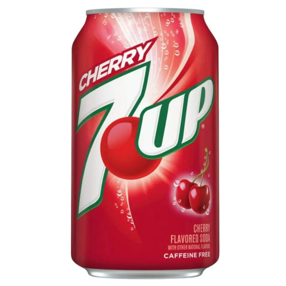 A 355ml can of 7up - Cherry Can with a red background. The can features the brand logo and a picture of cherries. The text indicates it is caffeine free.
