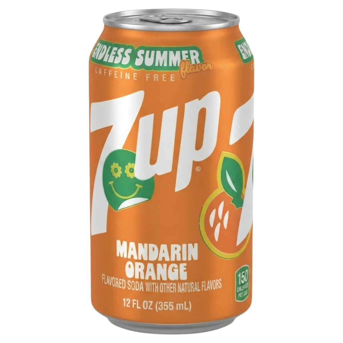 A 355ml can of 7up Mandarin Orange Flavoured Soda, labelled "Endless Summer flavor," features vibrant orange and green graphics. This refreshing, citrusy soft drink has 150 calories per can.