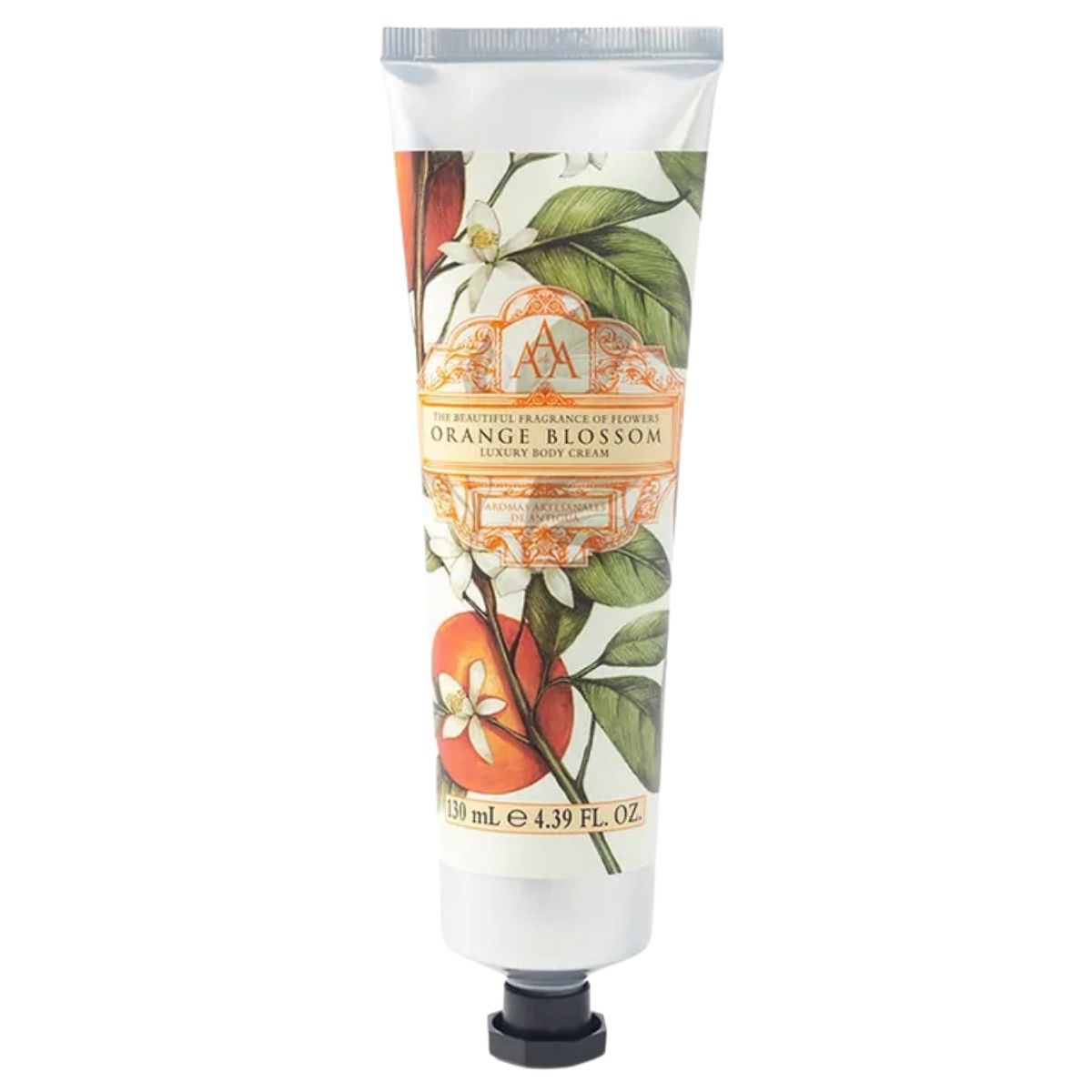 A 130ml tube of AAA - Orange Blossom Luxury Body Cream, featuring botanical illustrations of oranges and leaves on the packaging.