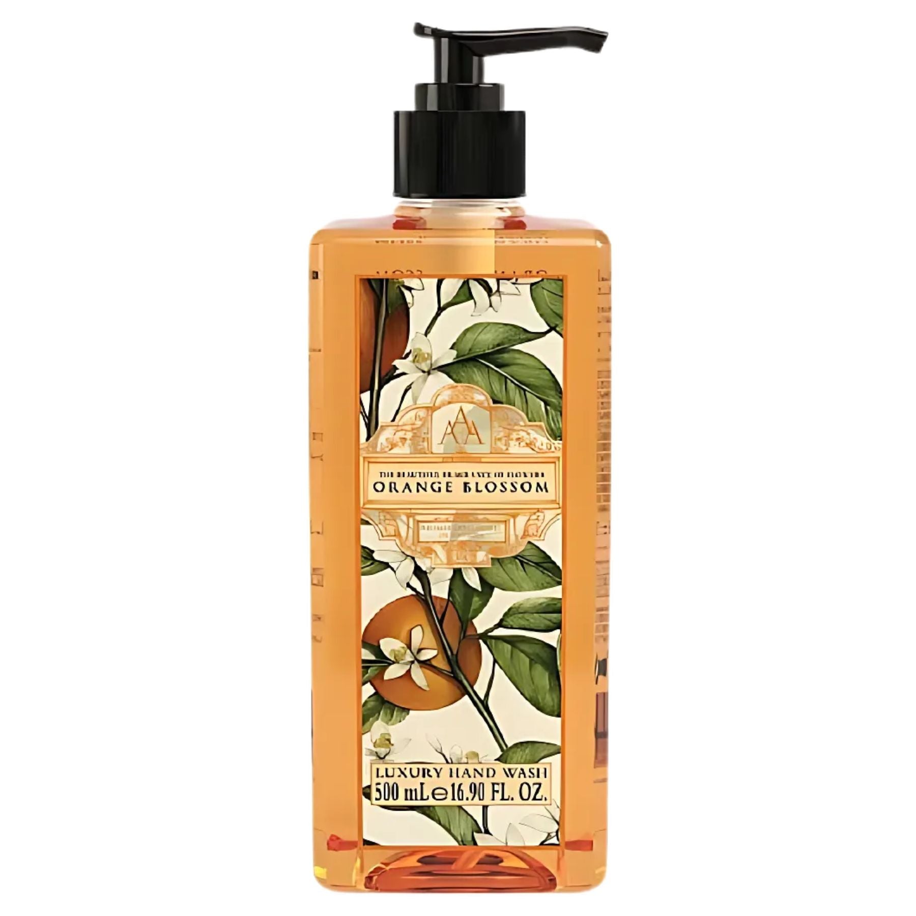 The AAA - Orange Blossom Luxury Handwash - 500ml features a pump dispenser, floral and orange artwork on the label, and delivers a refreshing citrus scent.