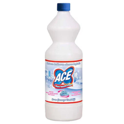 A white plastic 1.1 kg bottle of ACE - Extra Hygiene Bleach with a blue cap and a red, blue, and white label displaying the ACE brand name, designed for powerful disinfection against bacteria and viruses.