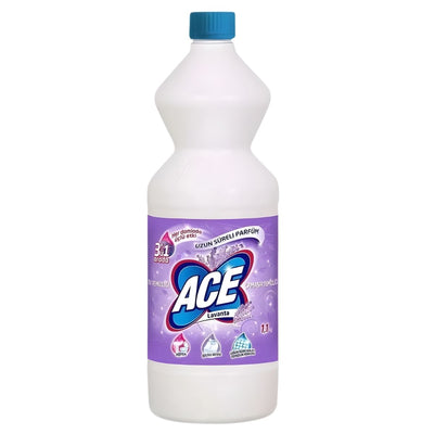 ACE - Lavender Bleach - 1L by ACE, with a purple label featuring usage icons and Turkish text, is ideal for disinfecting surfaces and as a laundry detergent.