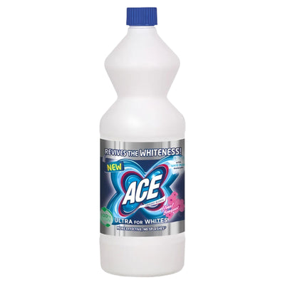 ACE - Ultra for Whites Stain Remover - 1L comes in a bottle with a blue cap and a whitening label, effectively brightening white fabrics and removing laundry stains.