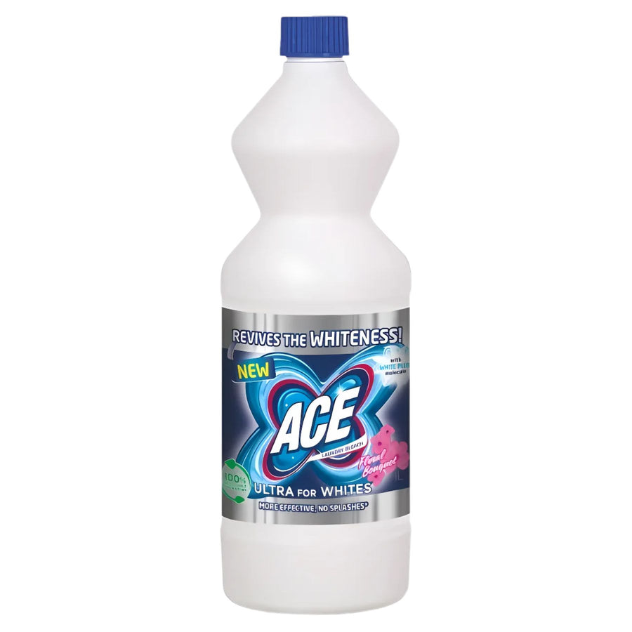 ACE - Ultra for Whites Stain Remover - 1L comes in a bottle with a blue cap and a whitening label, effectively brightening white fabrics and removing laundry stains.