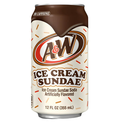 A 355ml can of Coca Cola's A & W Ice Cream Sundae Soda, artificially flavored and caffeine-free, features sprinkles and a melting vanilla ice cream soda design on the label.