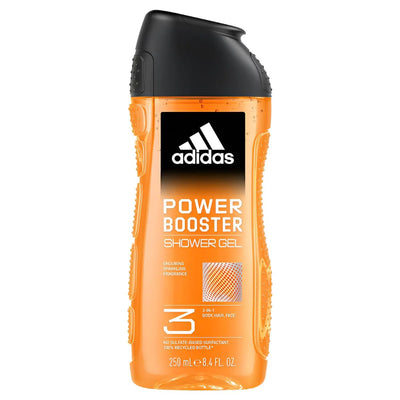 Adidas Power Booster Shower Gel, 250ml, features an orange and black design and offers engineered performance with a 3-in-1 formula and revitalizing scent for an energizing shower experience.