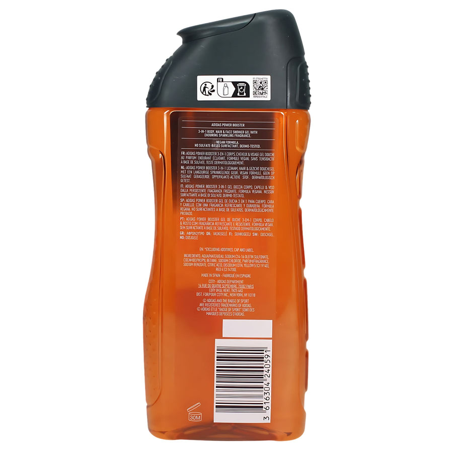An orange Adidas Power Booster Shower Gel 250ml bottle with a black cap is shown from the back, featuring detailed product information and a barcode for this energizing body wash.