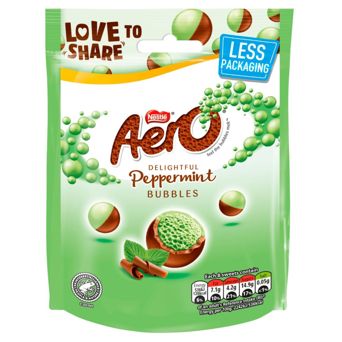 A packet of Aero - Bubbles Peppermint Mint Chocolate Sharing Pouch - 92g.