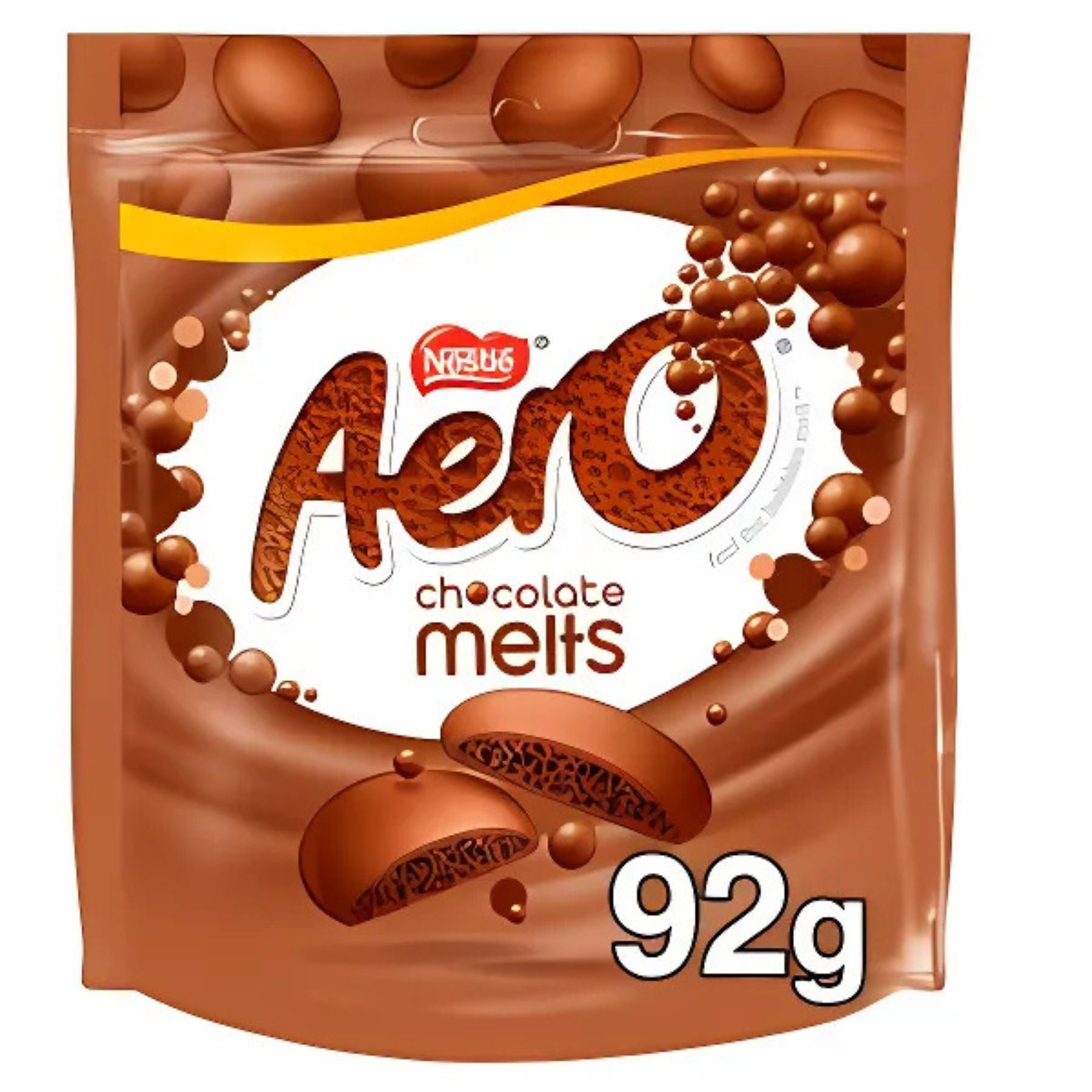 Aero - Melts Milk Chocolate Sharing Pouch Bag - 92g features melt-in-your-mouth chocolates in a resealable pouch with the Aero logo and a 92g weight label.