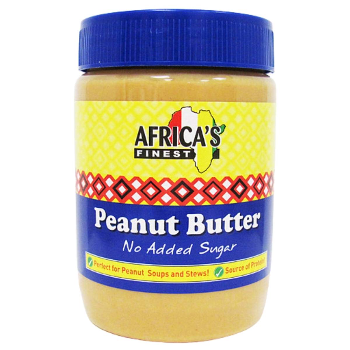 Jar of Africa's Finest peanut butter with a blue lid on a white background