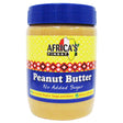 Jar of Africa's Finest peanut butter with a blue lid on a white background