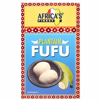 A 680g pack of Africa's Finest - Plantain Fufu, featuring two gluten-free servings on a plate and a plantain illustration on the front—a tasty African food staple.
