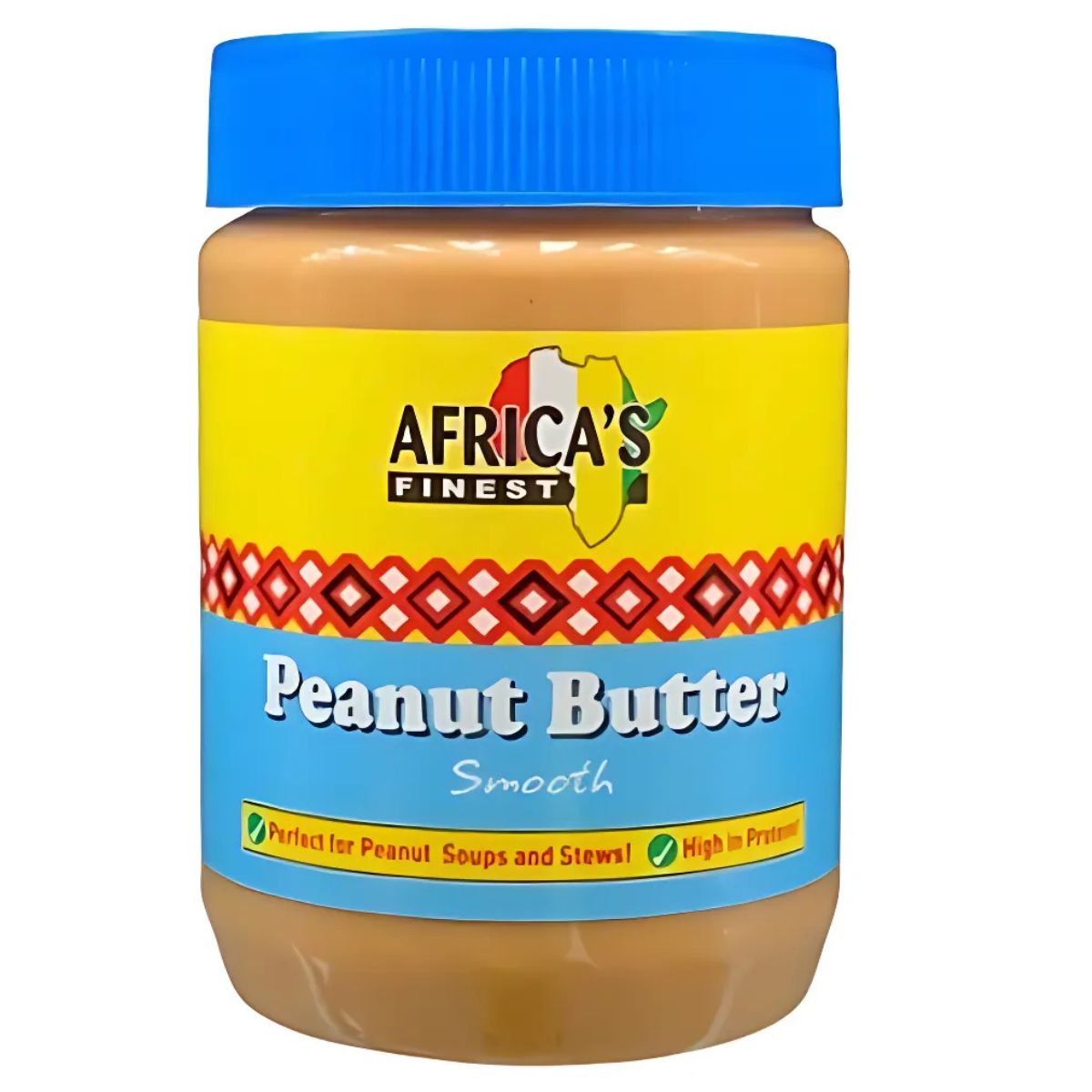 A 500g jar of Africa's Finest Smooth Peanut Butter with a blue lid and colorful label, highlighting natural protein and product details.