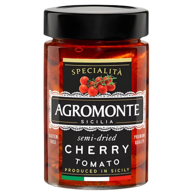 Agromonte Semi Dried Cherry Tomato, 200g—Sicilian cherry tomatoes in sunflower oil, gluten-free. Perfect for your Mediterranean antipasti spread.