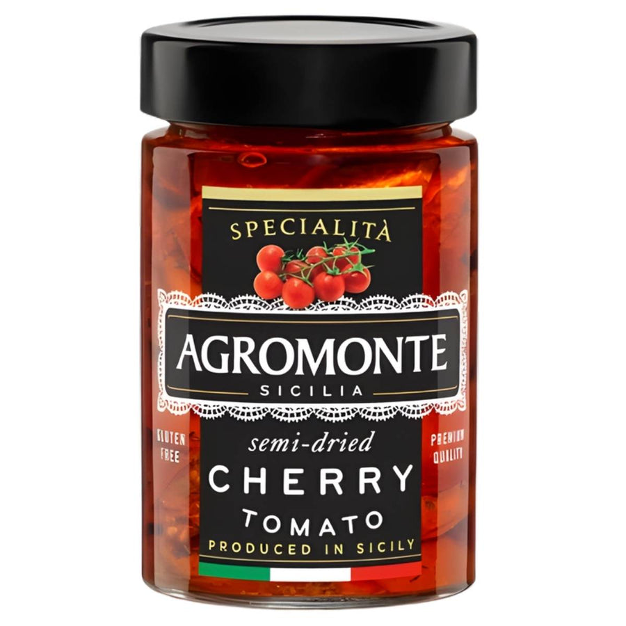 Agromonte Semi Dried Cherry Tomato, 200g—Sicilian cherry tomatoes in sunflower oil, gluten-free. Perfect for your Mediterranean antipasti spread.