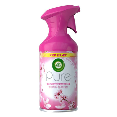 A bottle of Air Wick - Cherry Blossom Aerosol - 250ml on a white background.