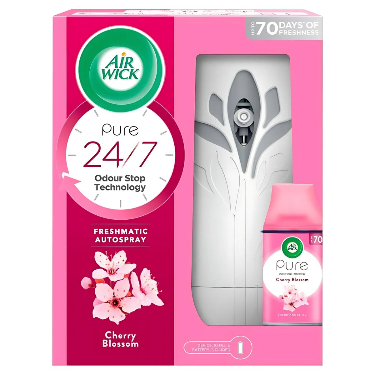 Air Wick - Freshmatic AutoSpray Cherry Blossoms 250ml delivers up to 70 days of freshness with 24/7 odour stop technology, including a white dispenser and refill.