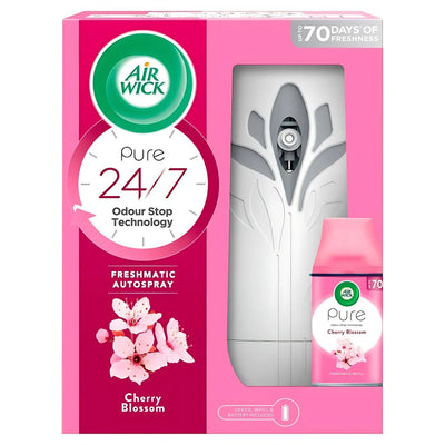 Air Wick - Freshmatic AutoSpray Cherry Blossoms 250ml delivers up to 70 days of freshness with 24/7 odour stop technology, including a white dispenser and refill.