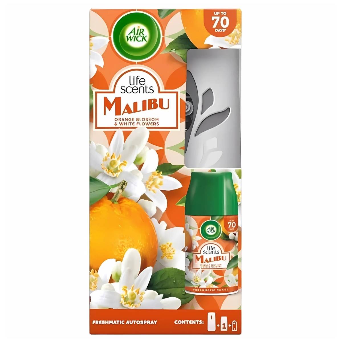 Air Wick Freshmatic AutoSpray Malibu Orange Blossom & White Flowers 250ml provides continuous freshness with its automatic spray and floral scent.