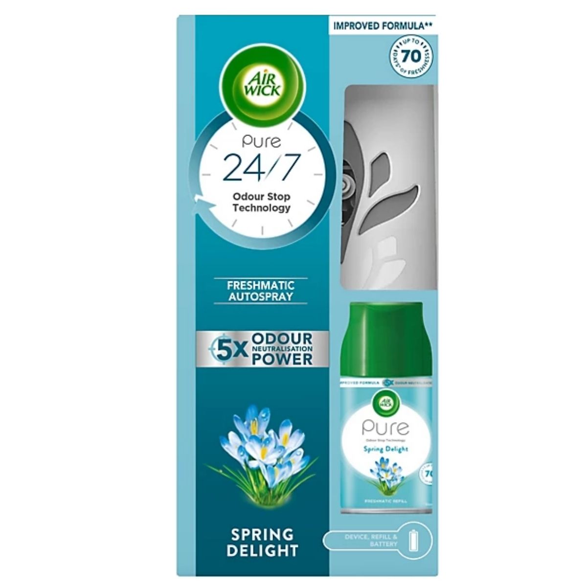 Air Wick - Freshmatic AutoSpray Spring Delight 250ml kit features odour stop tech and 5x odour neutralization. Includes device, refill, and battery for long-lasting freshness.