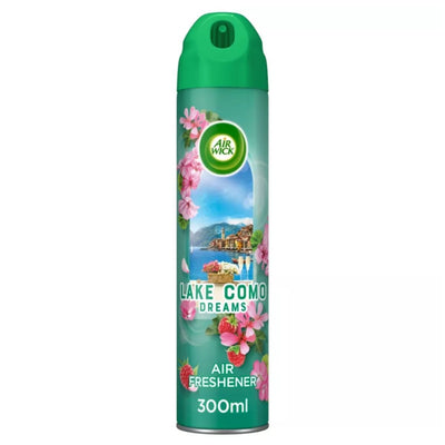 Air Wick - Lake Como Aerosol Air Freshener (300ml) effectively eliminates odors, filling your space with Lake Como Dreams scent. The can features pink flowers and a lake scene on the label.