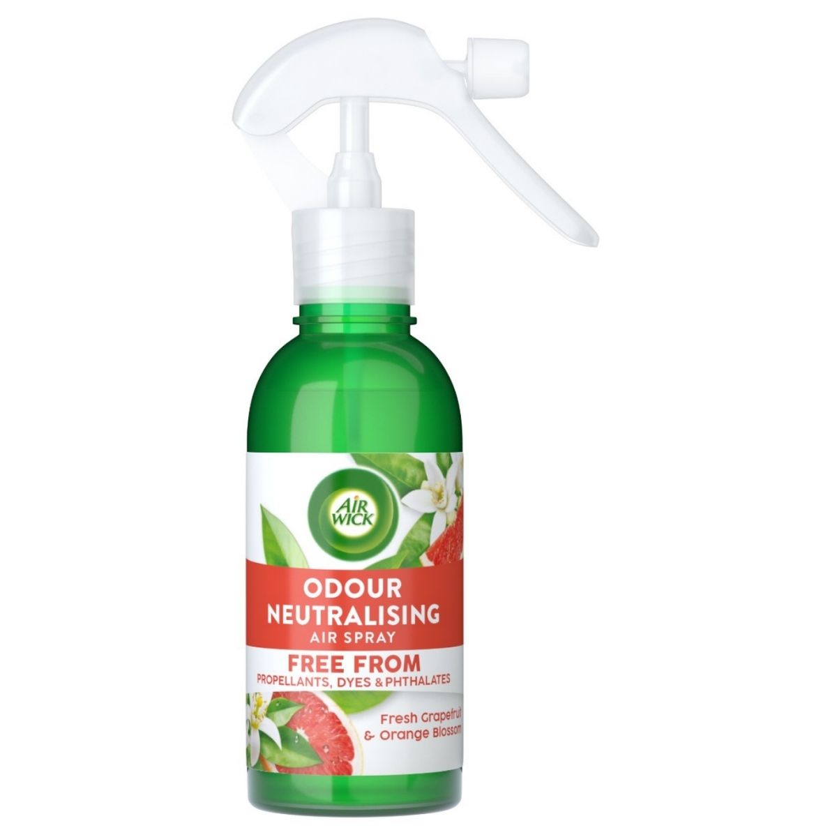 Air Wick - Morning Meadow Odour Neutralising Air Spray (Fresh Grapefruit & Orange Blossom), 236ml, in a green spray bottle; free from propellants, dyes, and phthalates.