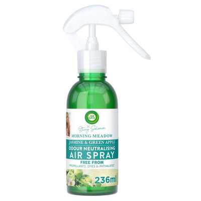 Air Wick - Morning Meadow Odour Neutralising Air Spray (Jasmine & Apple) 236ml contains essential oils, is propellant-, dye-, and phthalate-free, and effectively neutralises odours.