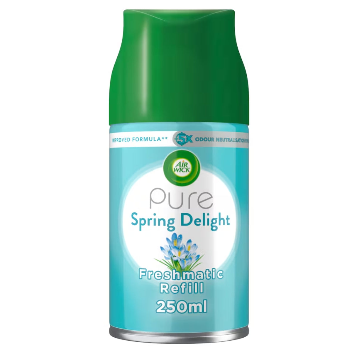 Airwick Pure Spring Delight Freshmatic Refill, 250ml, features a green cap and a floral design on the label.