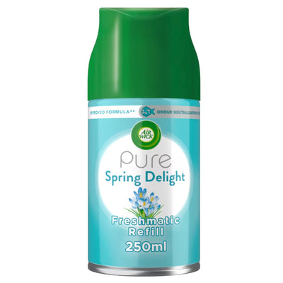 Airwick Pure Spring Delight Freshmatic Refill, 250ml, features a green cap and a floral design on the label.