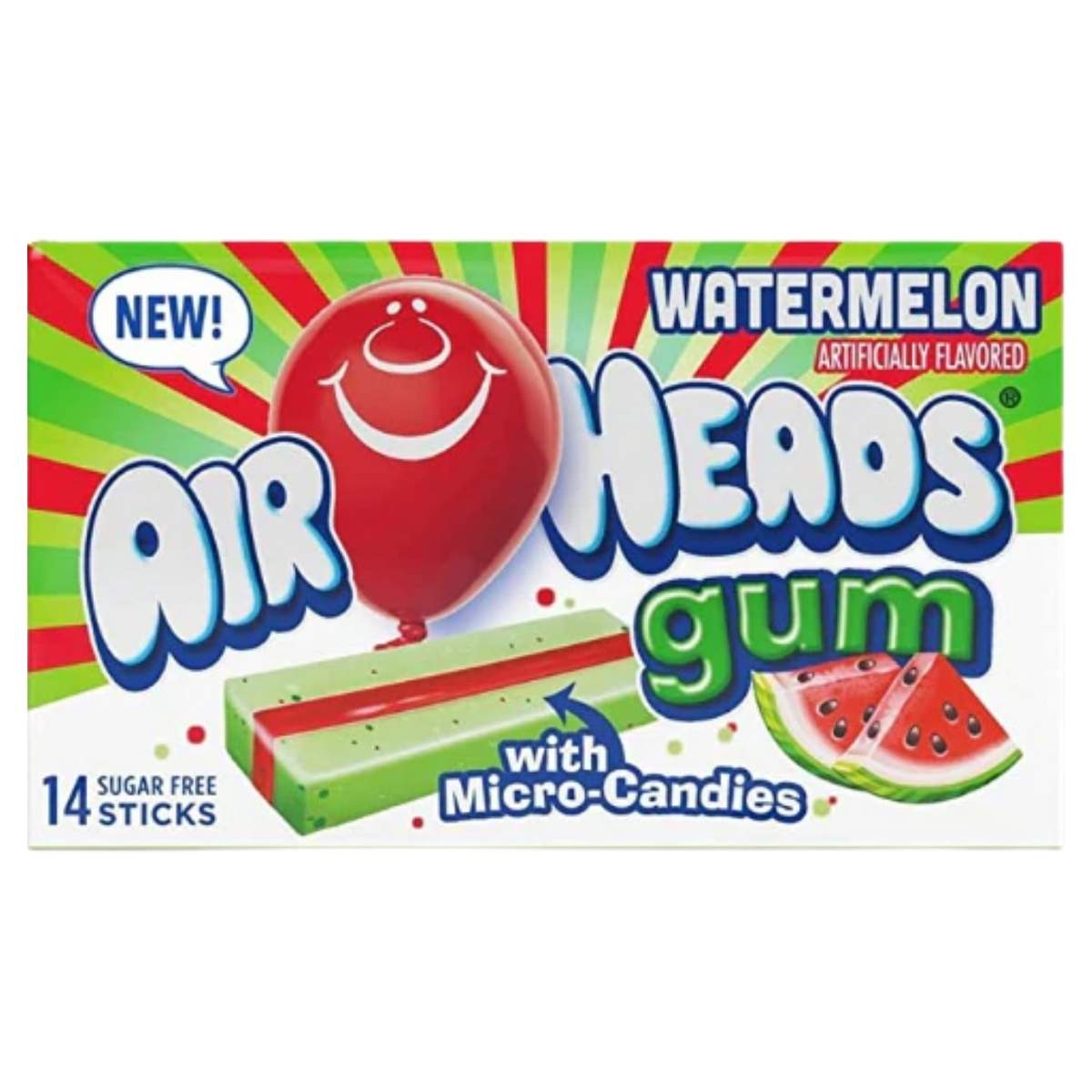 Airheads - Watermelon Flavoured Chewing Gum, 14 sugar-free sticks with micro-candies and artificial flavouring.
