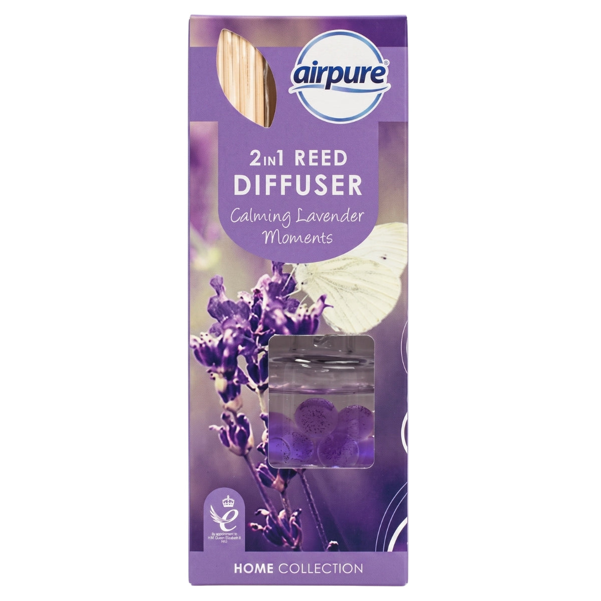 Airpure 2-in-1 Reed Diffuser in 'Calming Lavender Moments' home collection, featuring a purple box with lavender illustrations and a butterfly graphic.
