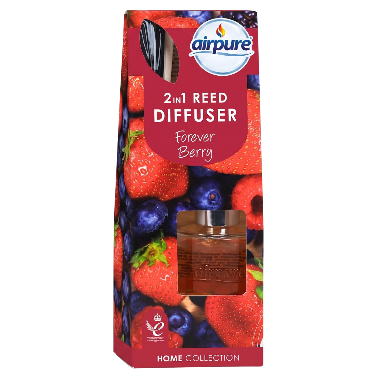 Airpure - Forever Berry 2 in 1 Reed Diffuser - 30ml, by Airpure, features a lovely berry fragrance and comes packaged in a box decorated with strawberries, blueberries, and raspberries.