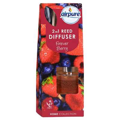 Airpure - Forever Berry 2 in 1 Reed Diffuser - 30ml, by Airpure, features a lovely berry fragrance and comes packaged in a box decorated with strawberries, blueberries, and raspberries.