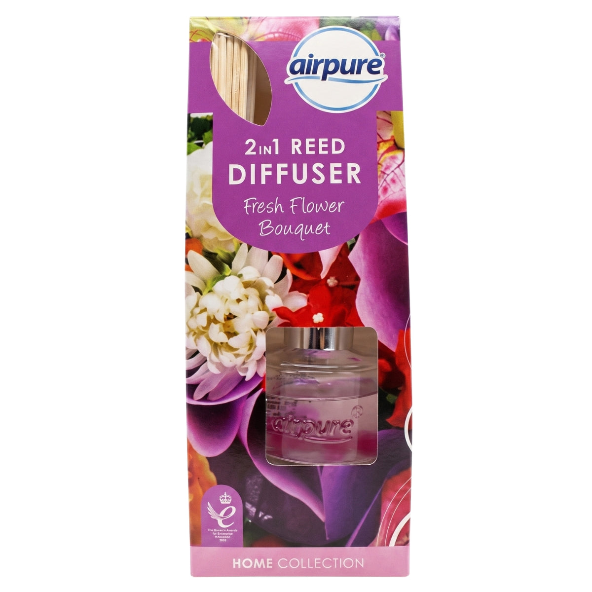 Enjoy the Airpure - Fresh Flower Bouquet 2 in 1 Reed Diffuser (30ml), featuring a beautifully designed diffuser bottle with natural wooden reeds, all presented in vibrant floral packaging—an ideal pick for fans of lively and fresh floral home fragrances.