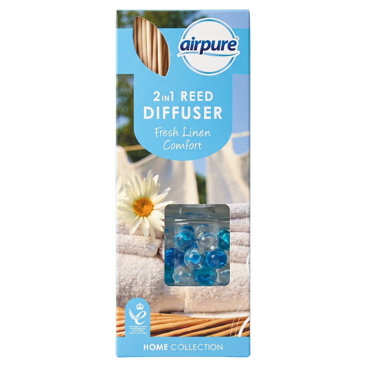 Box of Airpure - Fresh Linen 2 in 1 Reed Diffuser (30ml), featuring wooden reeds and blue gel beads infused with benzyl salicylate, in the comforting Fresh Linen scent by Airpure.