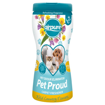 A 500g container of Airpure Pet Proud Carpet Freshener features a Wild Country Flowers scent and images of a cat and dog on the label, effectively tackling pet odours with its uplifting floral fragrance.