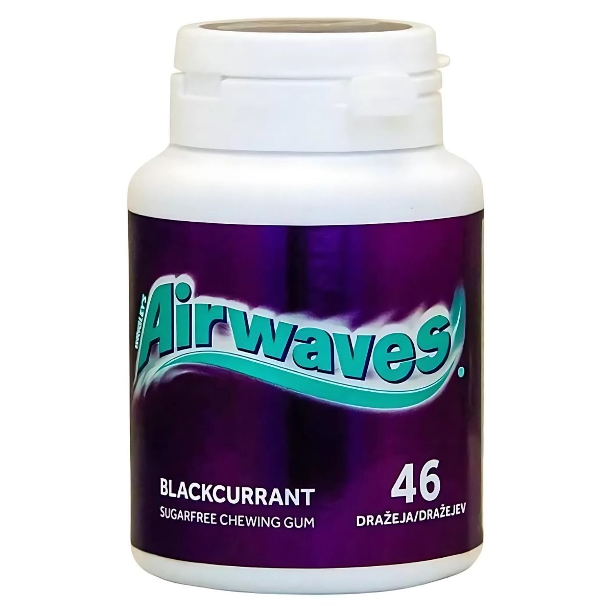 A container of Airwaves Blackcurrant Chewing Gum, weighing 64g, offers a fruity flavor and ensures fresh breath with 46 sugar-free pieces.