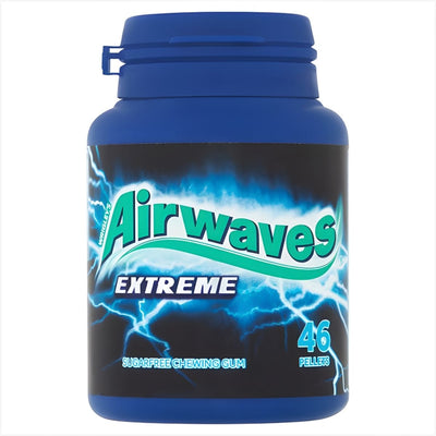 Airwaves Extreme Sugar Free Chewing Gum by Airwaves comes in a blue plastic 64g container with a lightning design, featuring long-lasting flavour and powerful breath freshening.