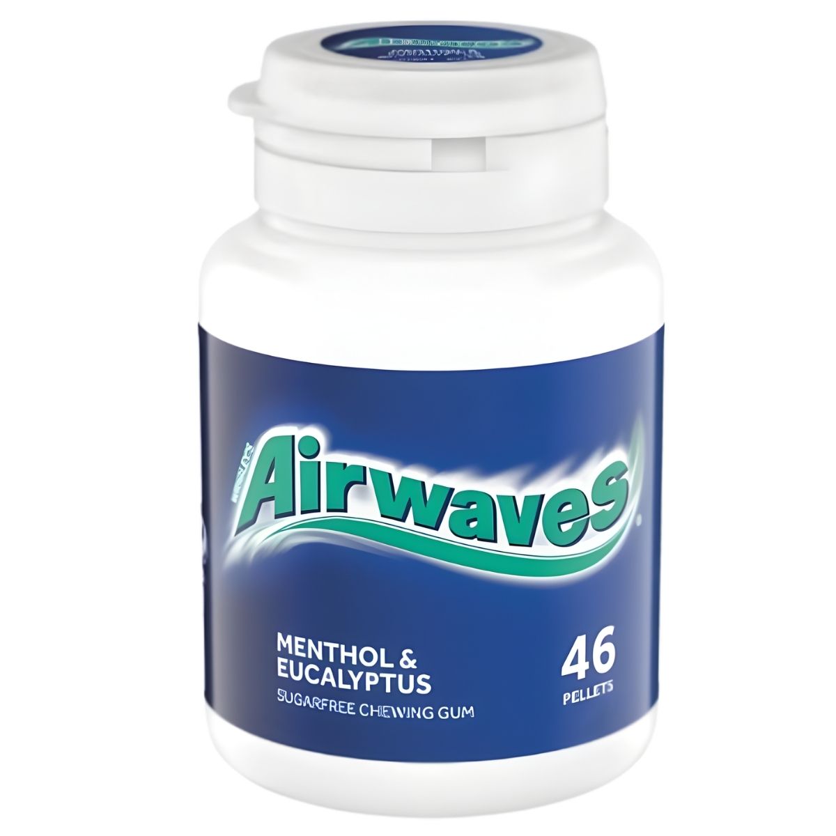 Airwaves Menthol & Eucalyptus Sugarfree Chewing Gum Bottle (46pcs) offers fresh breath in a convenient plastic pack with a blue and white label.